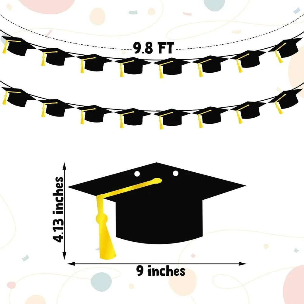 Graduation Cap Banner 2 Pack Black Yellow Tassel Mortarboard Garland 9.8ft Decor